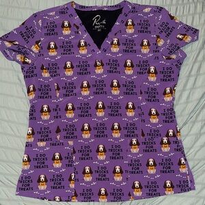 Women's Halloween Dog Print Scrub Top